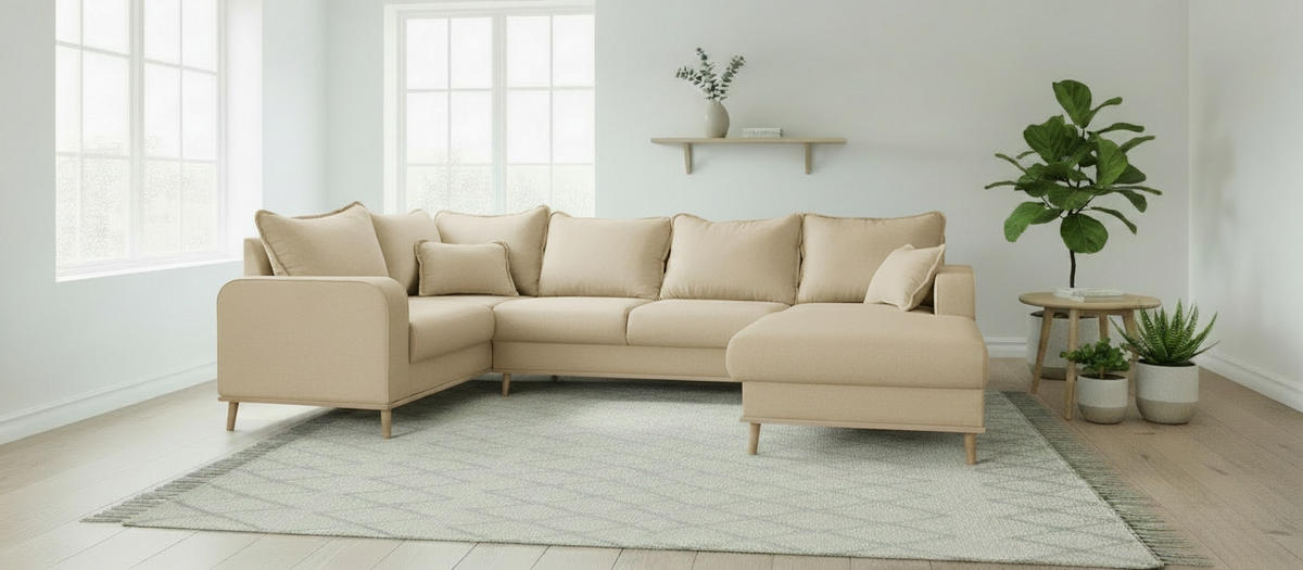 WOHNLANDSCHAFT Textilgeflecht Sandfarben  - Sandfarben/Wengefarben, Design, Holz/Textil (167/296/170cm) - Livetastic