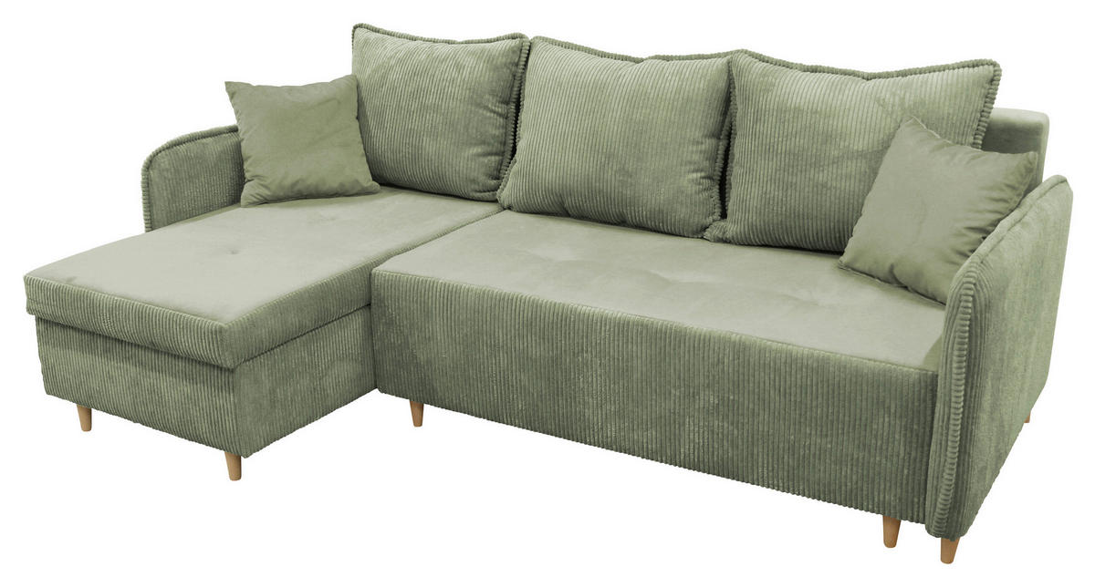 ECKSOFA TEDDY Mintgrün Cord, Bouclé Zierkissen, Rückenkissen, Bettkasten  - Naturfarben/Mintgrün, Design, Holz/Textil (142/215cm) - MID.YOU