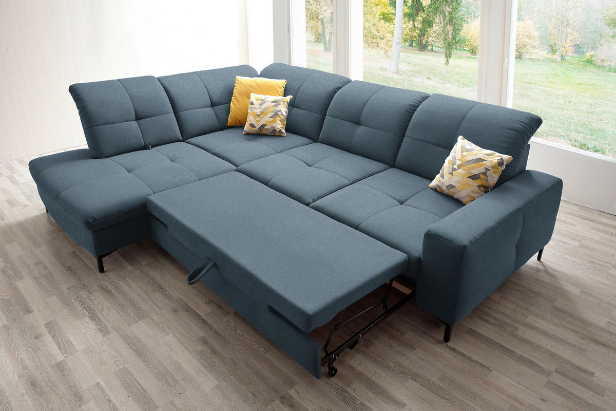 ECKSOFA in Chenille Blau  240/308 cm  - Blau/Schwarz, Design, Textil/Metall (240/308cm) - Xora