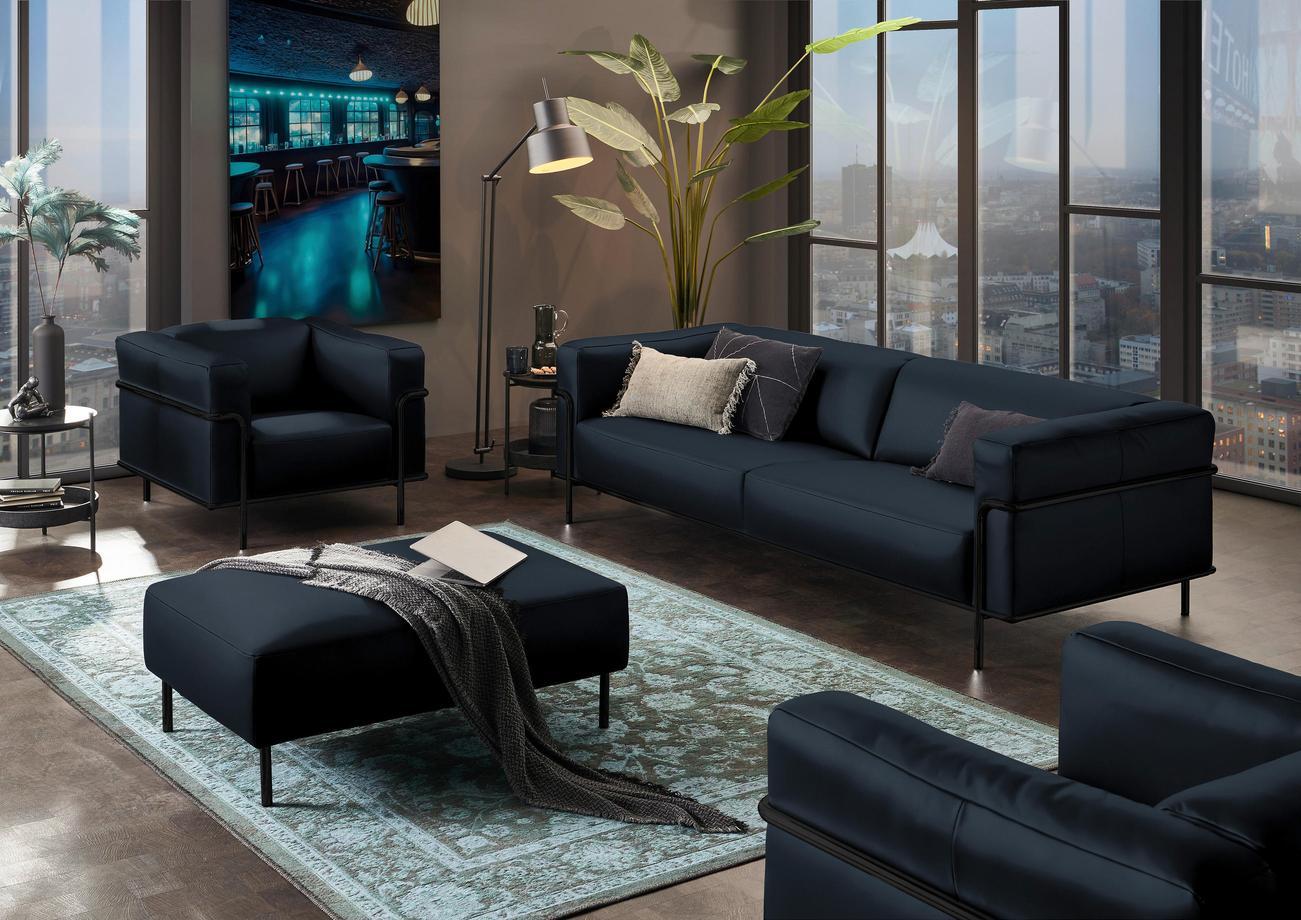 3-SITZER-SOFA in Echtleder Dunkelblau  - Schwarz/Dunkelblau, Design, Leder/Metall (236/67/96cm) - Johann Jakob