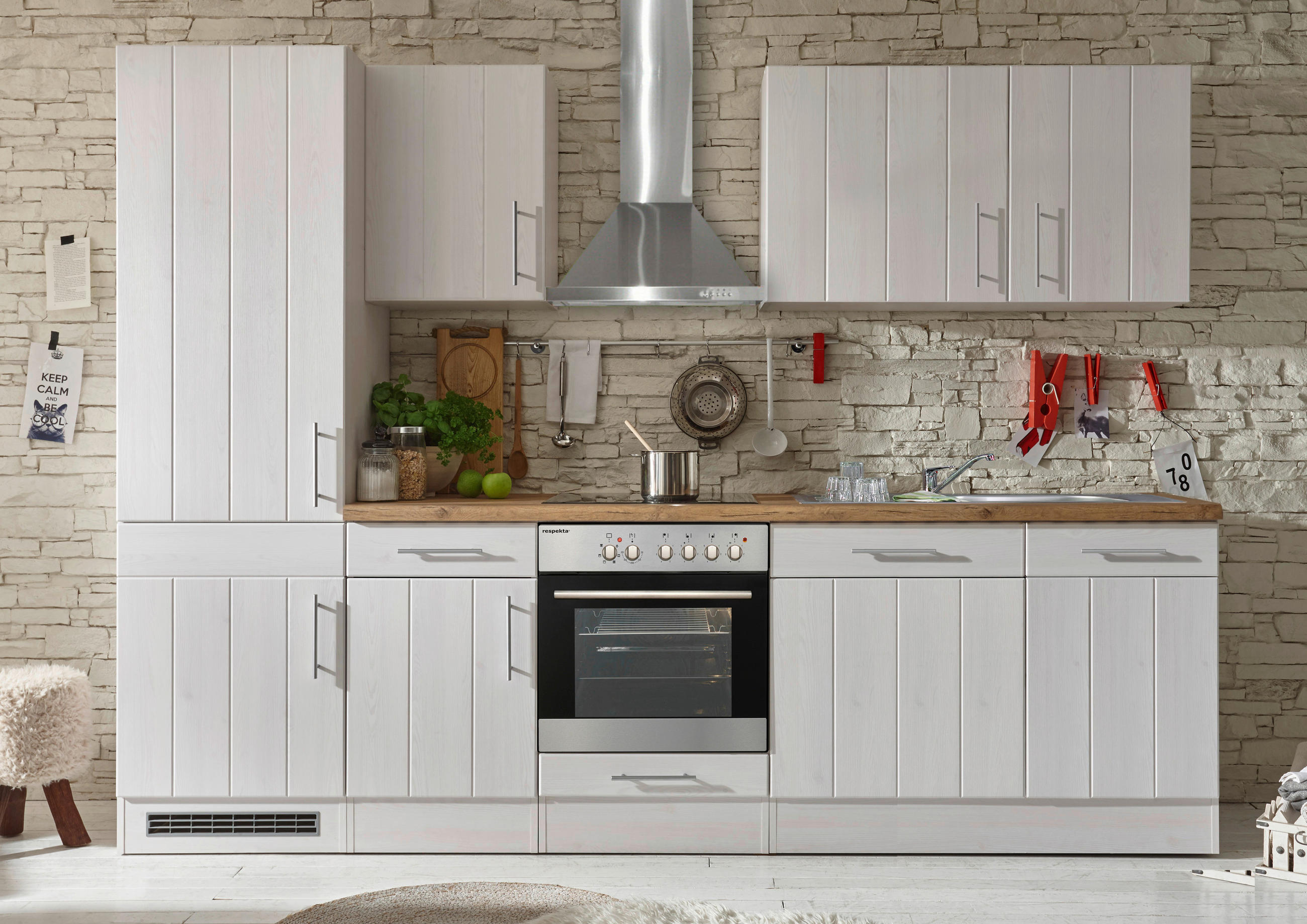 KÜCHENBLOCK 280 cm Weiß, Lärchefarben E-Geräte, Spüle, Soft-Close-System, Ab- und Überlaufgarnitur - Wildeiche/Edelstahlfarben, ROMANTIK / LANDHAUS, Metall (280cm) - Respekta