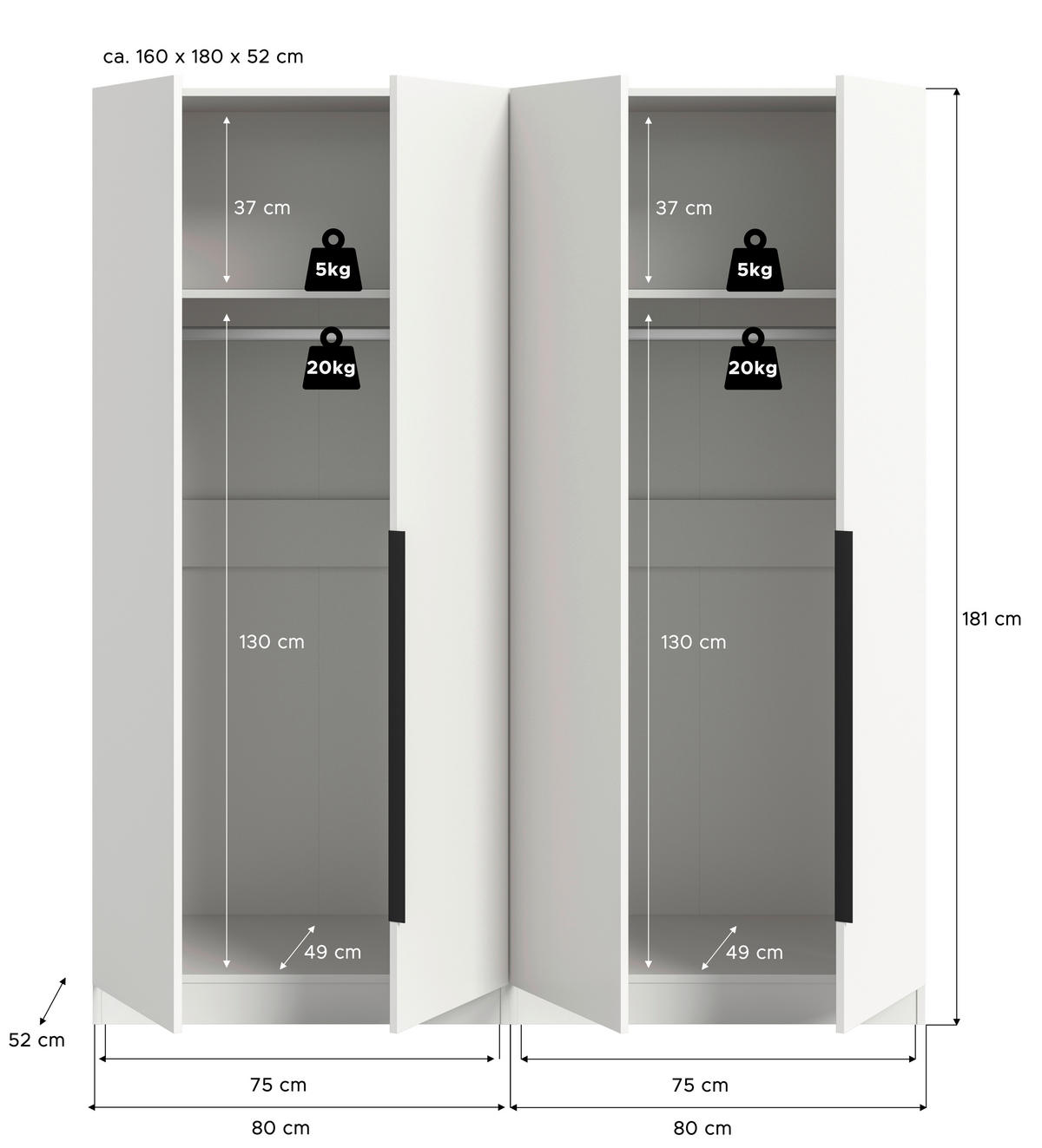 DREHTÜRENSCHRANK 160/181/52 cm,  in Weiß, 4-türig  - Schwarz/Weiß, MODERN, Holzwerkstoff (160/181/52cm) - MID.YOU
