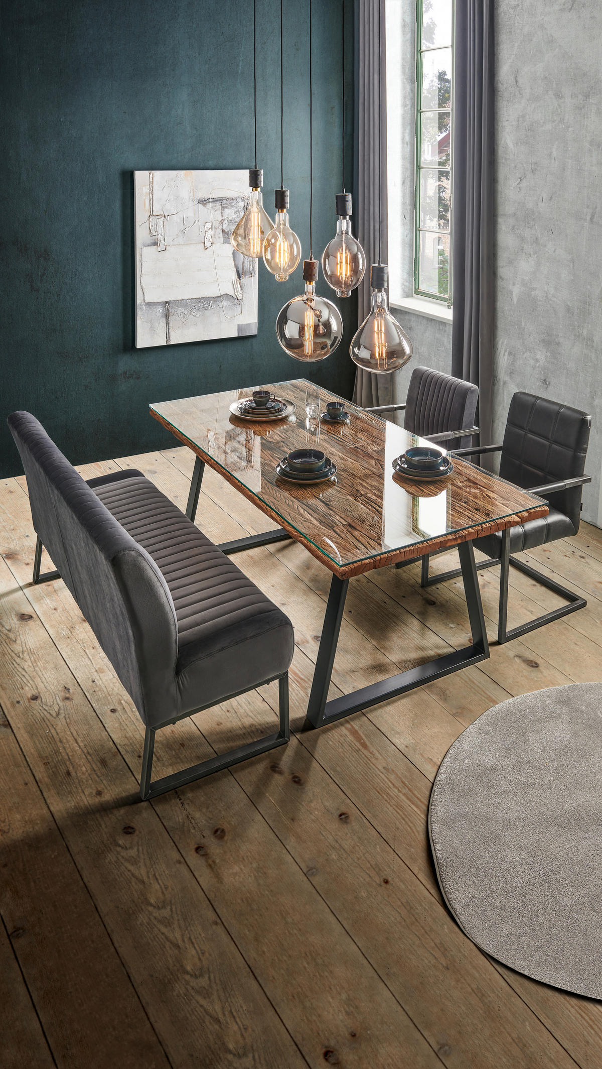 ESSTISCHHolz, Metall, Glas 190/95/76 cm  - Schwarz/Naturfarben, Trend, Glas/Holz (190/95/76cm) - Ambia Home