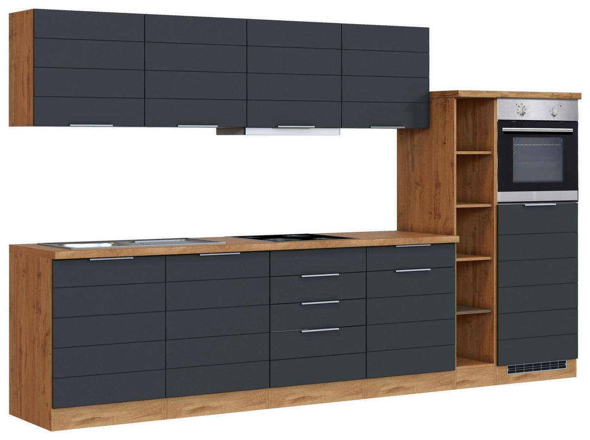 KÜCHENBLOCK 330 cm   in Grau, Eiche Wotan  - Eiche Wotan/Grau, Design, Holzwerkstoff/Metall (330cm) - Held