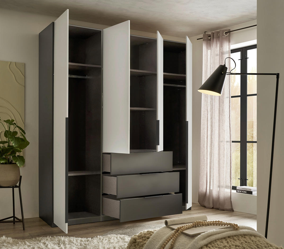 DREHTÜRENSCHRANK 200,5/225,5/60 cm,  in Graphitfarben, Hellgrau, 4-türig  - Hellgrau/Schwarz, MODERN, Holzwerkstoff/Kunststoff (200,5/225,5/60cm) - MID.YOU