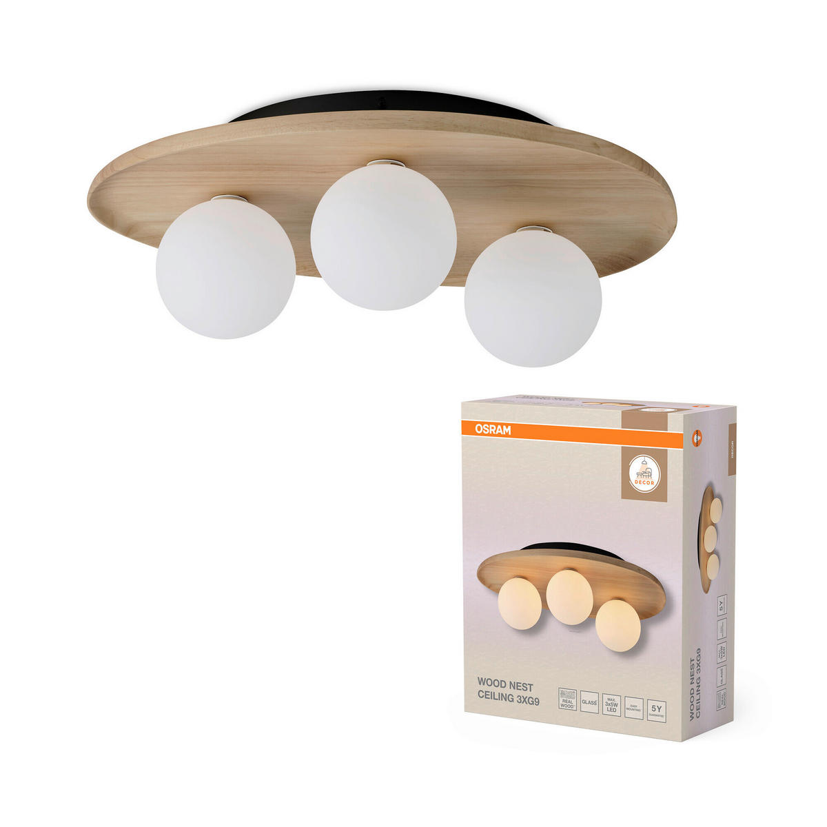DECKENLEUCHTE    50/38,5/15,5 cm  - Naturfarben, Basics, Glas/Holz (50/38,5/15,5cm) - Osram