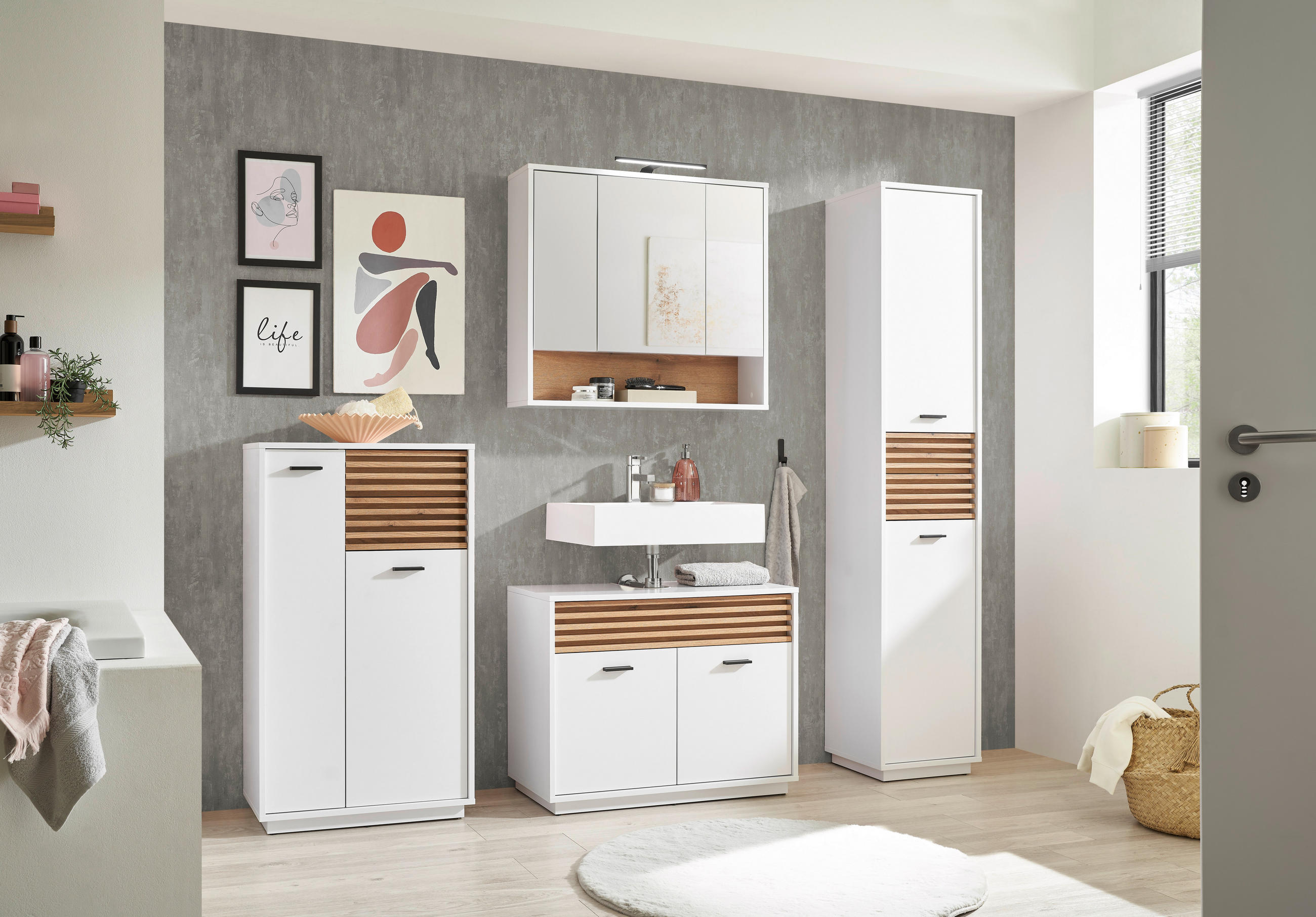 Thumbnail - home24 Hochschrank Liguria, Weiß, Eiche, Kunststoff, 2 Fächer, 2 Schublade(n) Schubladen, 38x191x35 cm, stehend, Badezim...