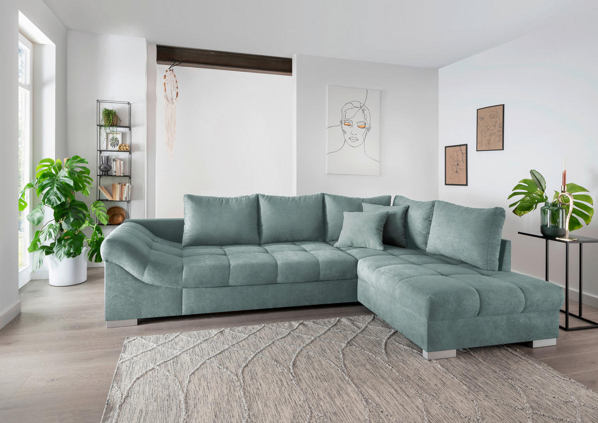 ECKSCHLAFSOFA in Mintgrün Textil   - Silberfarben/Mintgrün, Design, Holz/Textil (298/202cm) - MID.YOU