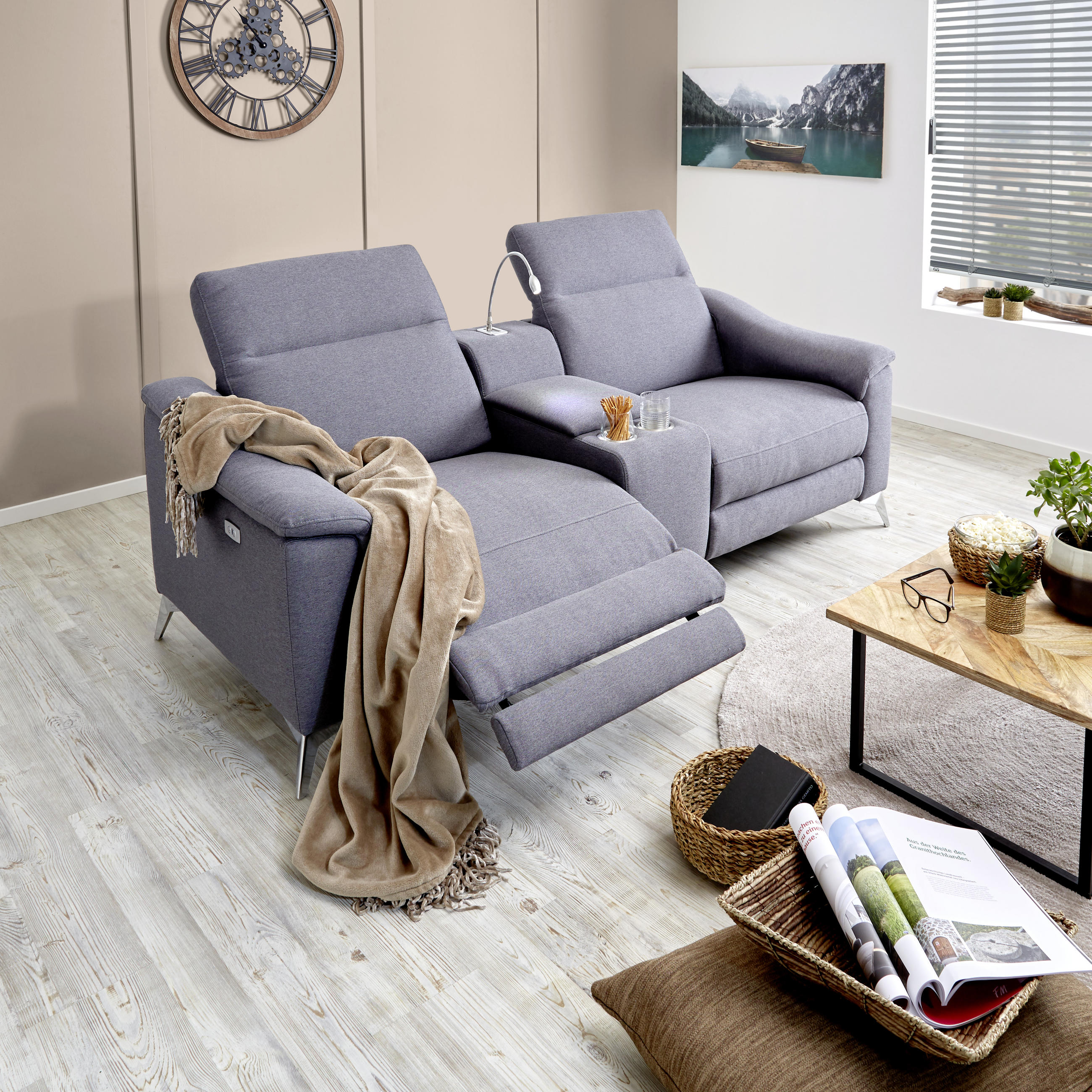 HEIMKINO-SOFA in Mikrofaser Grau - Chromfarben/Grau, Modern, Textil/Metall (214/80/104cm) - Livetastic