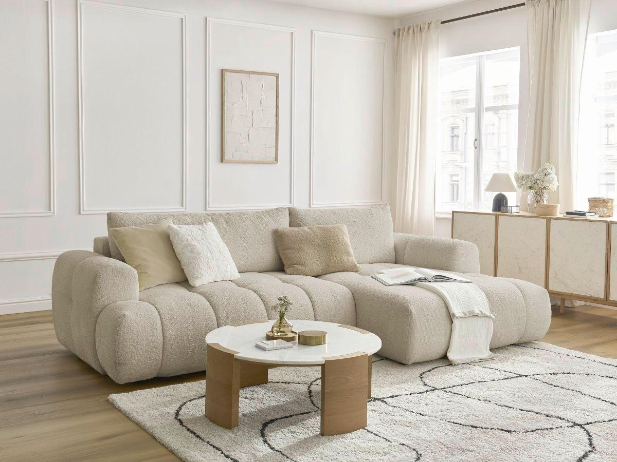 ECKSCHLAFSOFA FUJI Bouclé Beige  inkl.  - Beige/Schwarz, MODERN, Kunststoff/Textil (292/160cm)