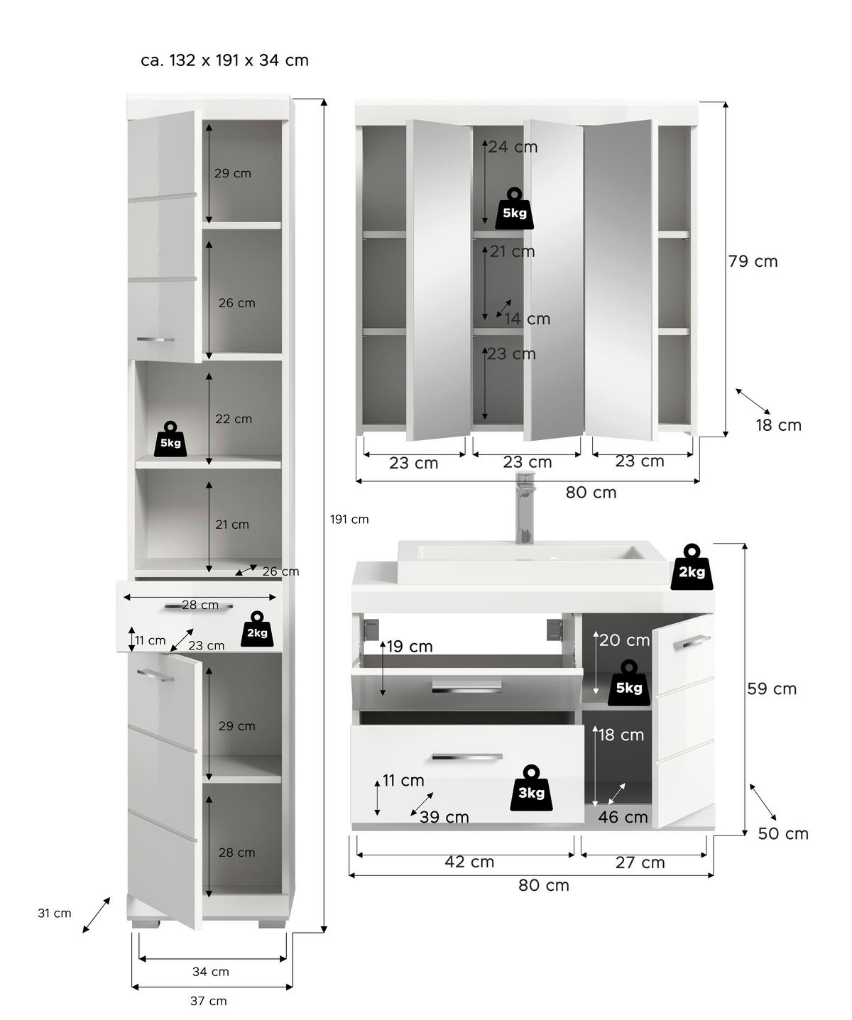 BADEZIMMER 4-teilig  in 132 cm  - Weiß Hochglanz/Silberfarben, Trend, Glas/Holzwerkstoff (132cm) - MID.YOU