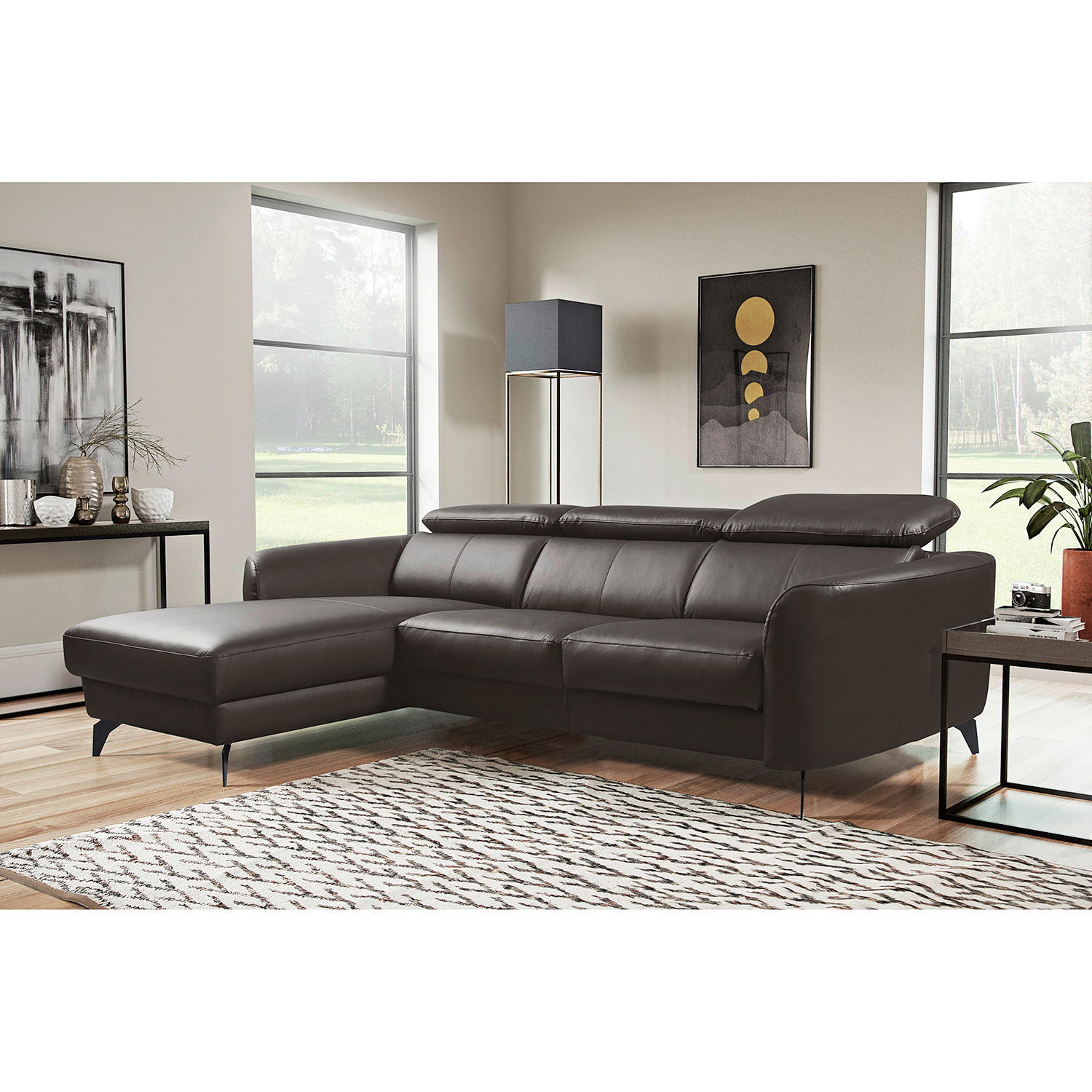ECKSOFA Dunkelbraun Echtleder Lederlook  - Dunkelbraun/Schwarz, Design, Leder/Textil (183/261cm) - Livetastic