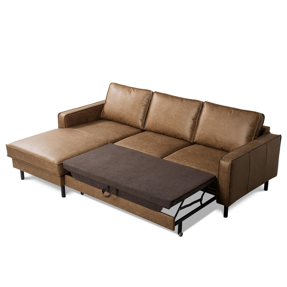 ECKSOFA Braun Echtleder Lederlook Bettkasten, Schlaffunktion, Rücken echt  - Schwarz/Braun, Design, Leder/Textil (166/238cm) - Livetastic
