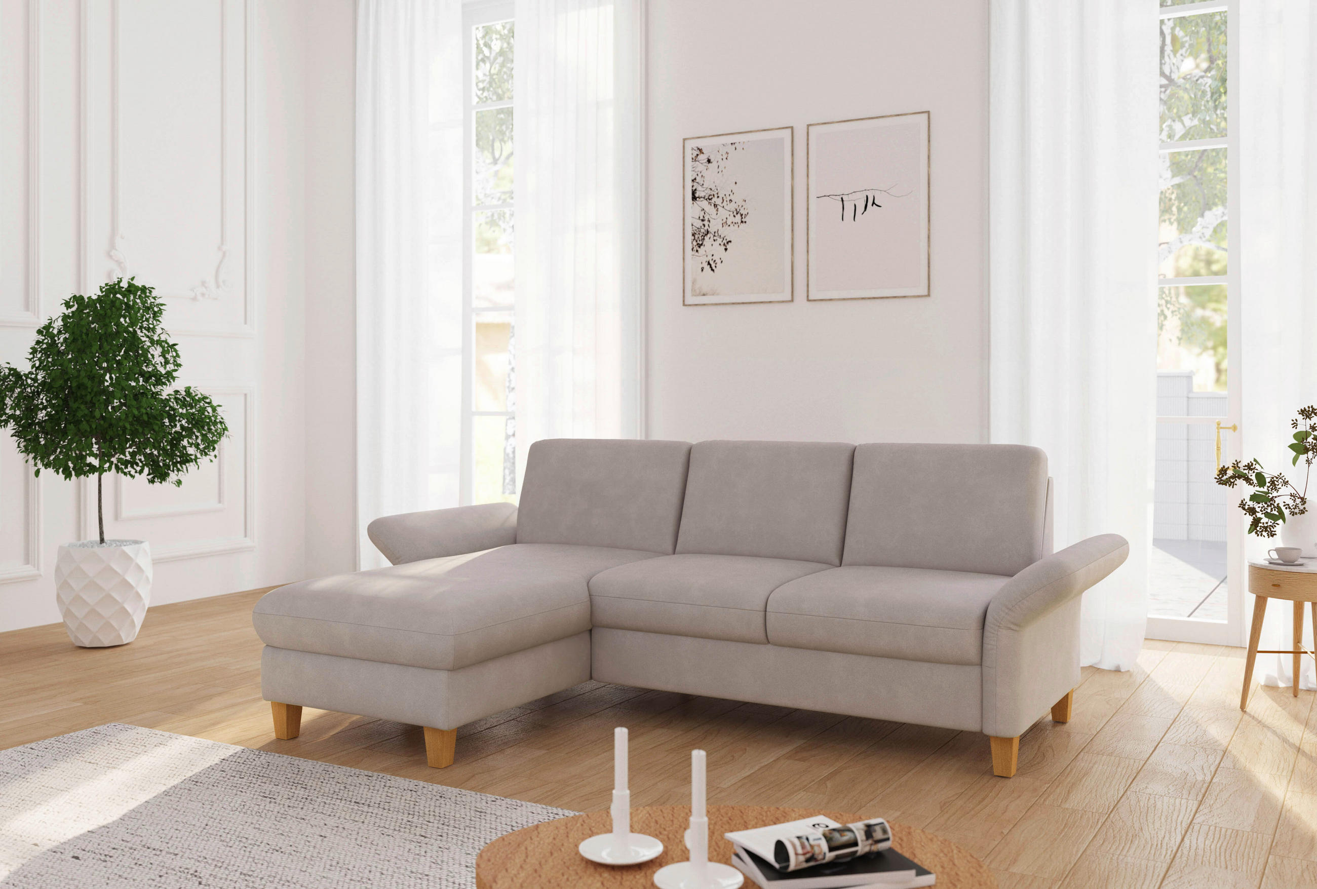 ECKSOFA ROCHELLE E Greige Flachgewebe  - Greige/Eichefarben, KONVENTIONELL, Holz/Textil (164/251cm) - Sit & More