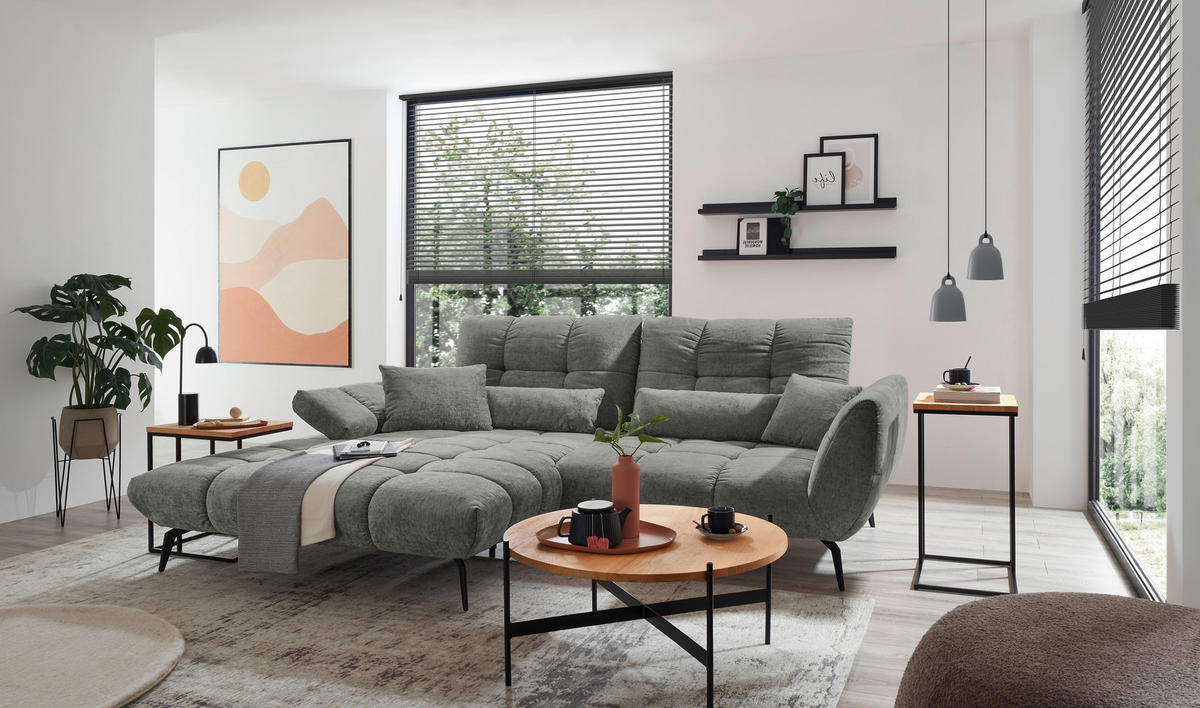 ECKSOFA Anthrazit Flachgewebe Rücken echt, Sitztiefenverstellung  - Anthrazit/Schwarz, KONVENTIONELL, Textil/Metall (211/273cm) - SetOne by Musterring