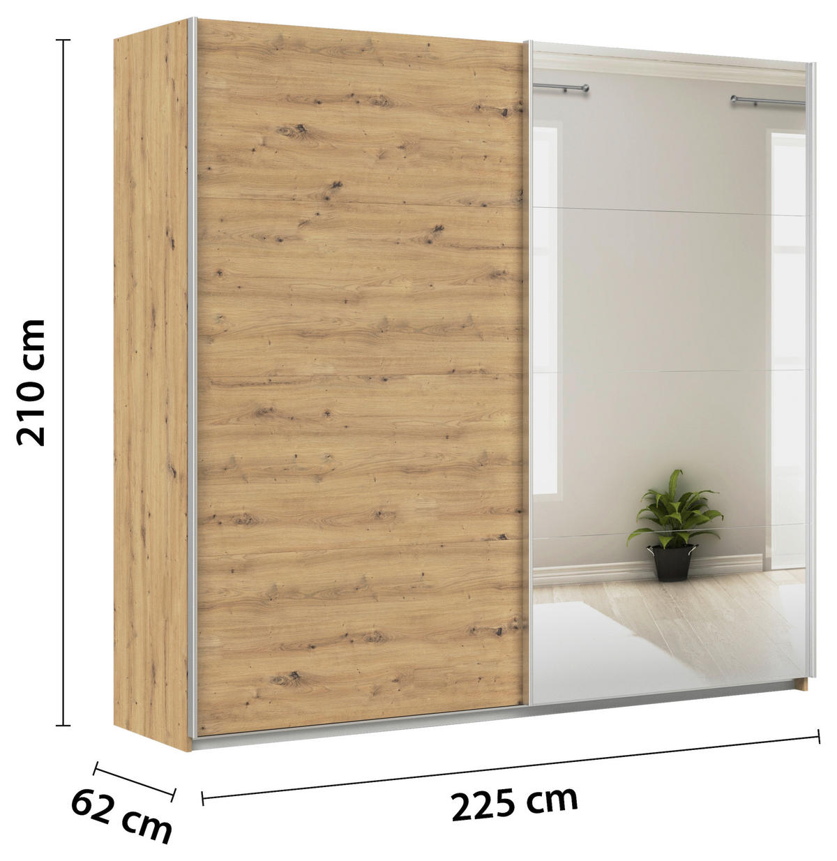 SCHWEBETÜRENSCHRANK  in Eiche Artisan  - Alufarben/Eiche Artisan, KONVENTIONELL, Glas/Holzwerkstoff (225/210/62cm) - Xora