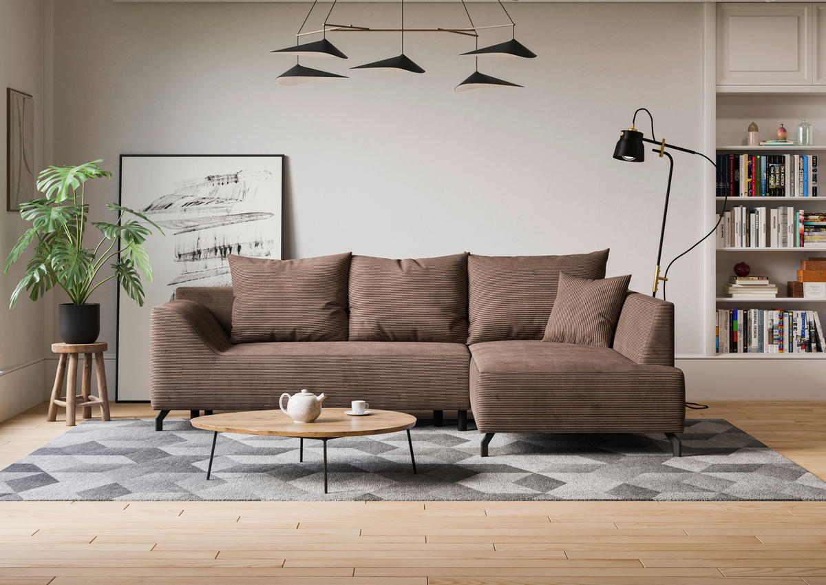 ECKSCHLAFSOFA  mit Bettkasten erhältlich, seitenverkehrt erhältlich, Schlafen auf Sitzhöhe, Bettfunktion erhältlich, Rücken echt Cord Braun  - Schwarz/Braun, Design, Textil/Metall (273/167cm) - MID.YOU
