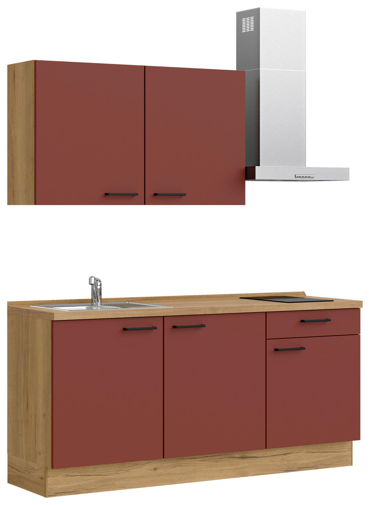 KÜCHENBLOCK Easytouch 180 cm  in Eichefarben, Dunkelrot  - Eichefarben/Schwarz, MODERN, Holzwerkstoff/Metall (180cm) - Nobilia