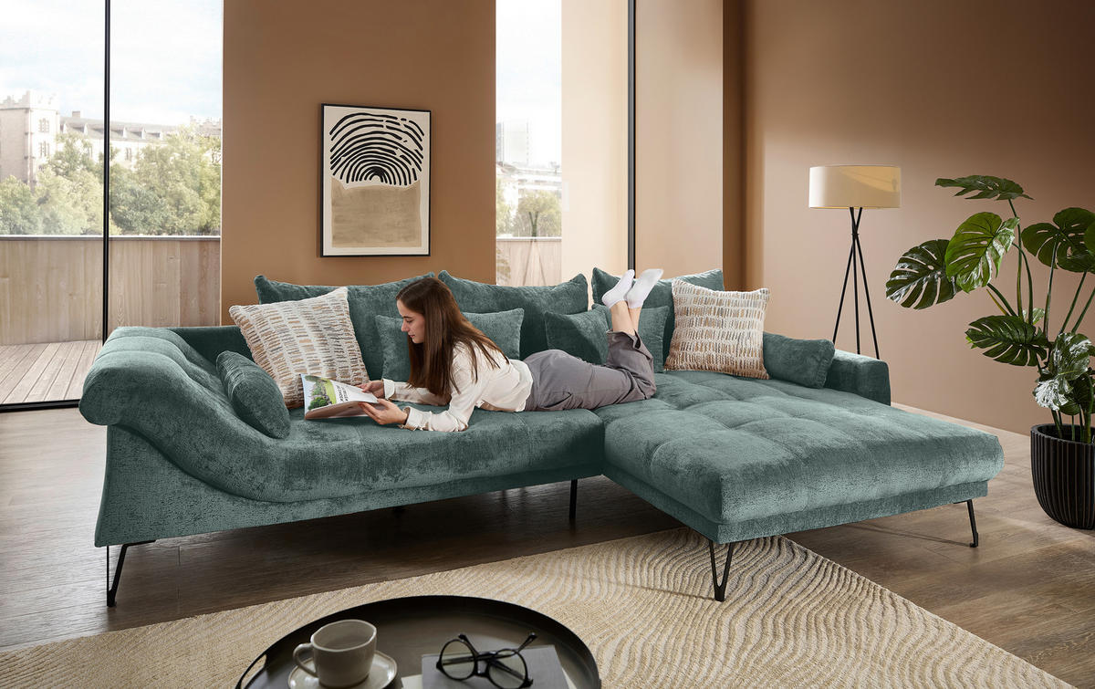 ECKSOFA GARDA Türkis Chenille Zierkissen, Rückenkissen, Nierenkissen, Rücken echt  - Türkis/Schwarz, KONVENTIONELL, Textil/Metall (310/192cm) - Livetastic