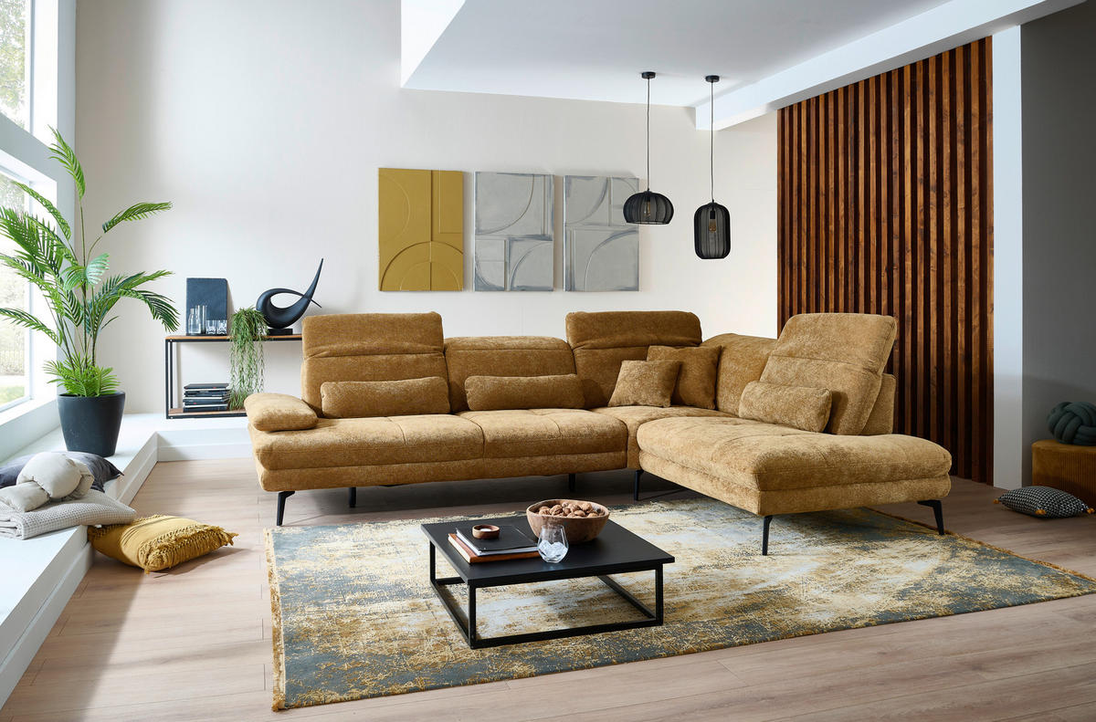 ECKSOFA Beldomo System Dunkelgelb Chenille Rücken echt, Kopfteilverstellung  - Dunkelgelb/Schwarz, Design, Textil/Metall (311/235cm) - Beldomo System