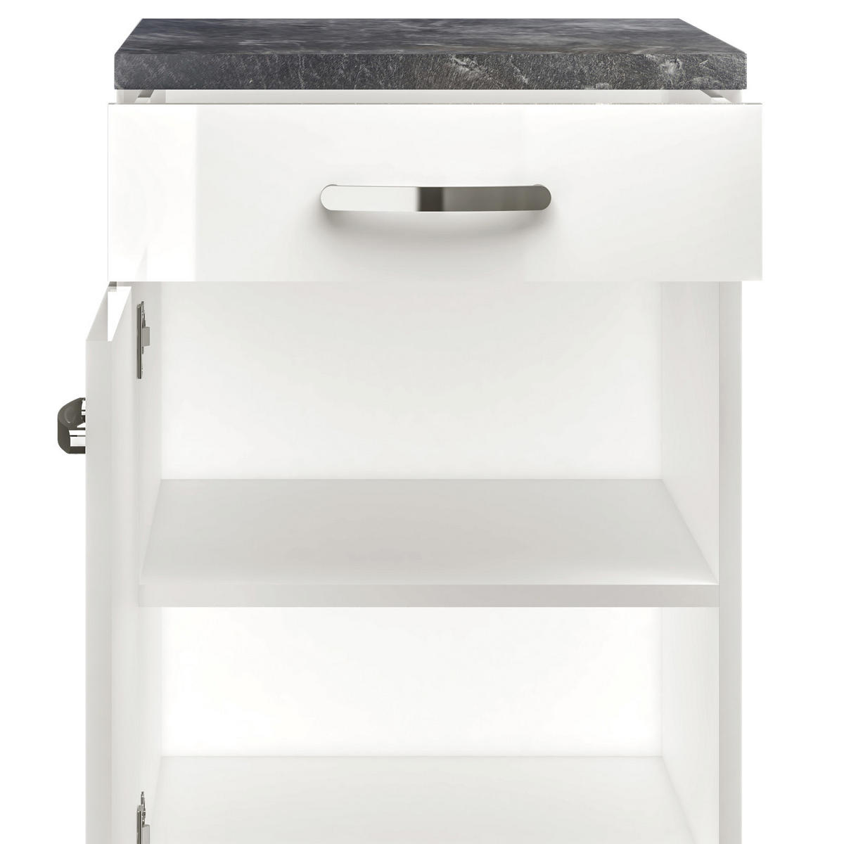 KÜCHENUNTERSCHRANK 50/86/60 cm  in Weiß, Weiß Hochglanz  - Schieferfarben/Edelstahlfarben, MODERN, Holzwerkstoff/Metall (50/86/60cm) - FlexWell