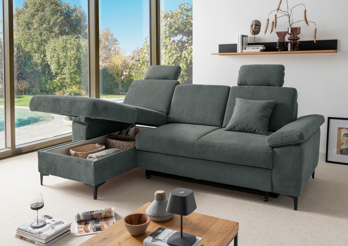 ECKSOFA Chenille Dunkelgrün  - Dunkelgrün/Schwarz, Konventionell, Textil/Metall (151/245cm) - Livetastic