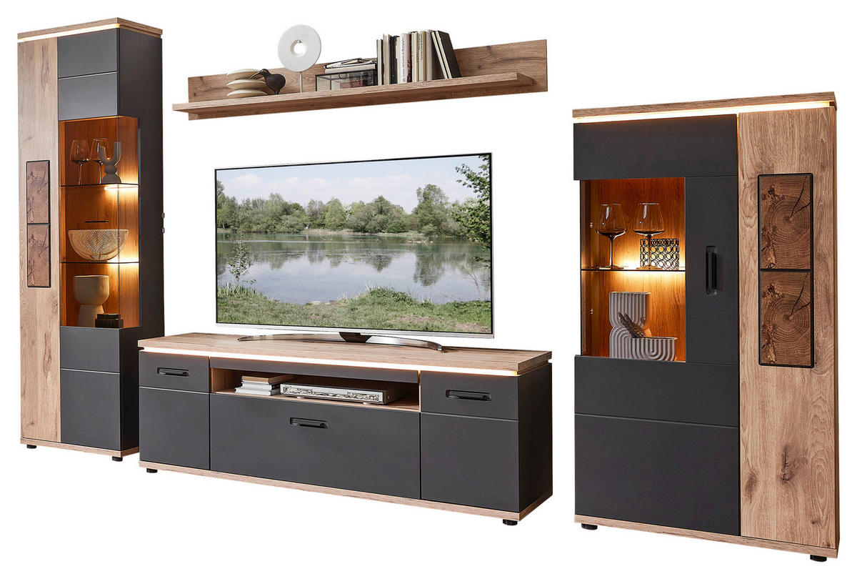 WOHNWAND  in Graphitfarben, Eichefarben 325/202/47 cm  - Eichefarben/Graphitfarben, Modern, Glas/Holzwerkstoff (325/202/47cm) - Stylife