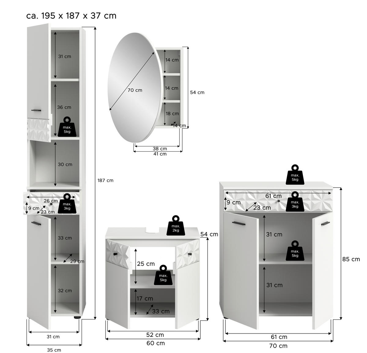 KOPALNICA  bela  - črna/bela, Moderno, kovina/steklo (165cm) - MID.YOU
