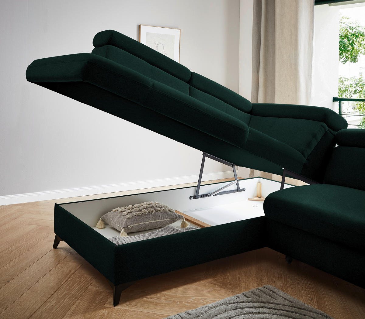 ECKSOFA in Mikrofaser Waldgrün  - Waldgrün/Schwarz, Design, Textil/Metall (203/260cm) - Stylife