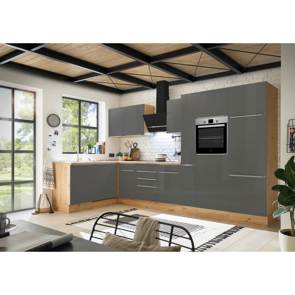 Eckküche mit Geräten 370x170 cm Grau/Eiche Dekor, Modern