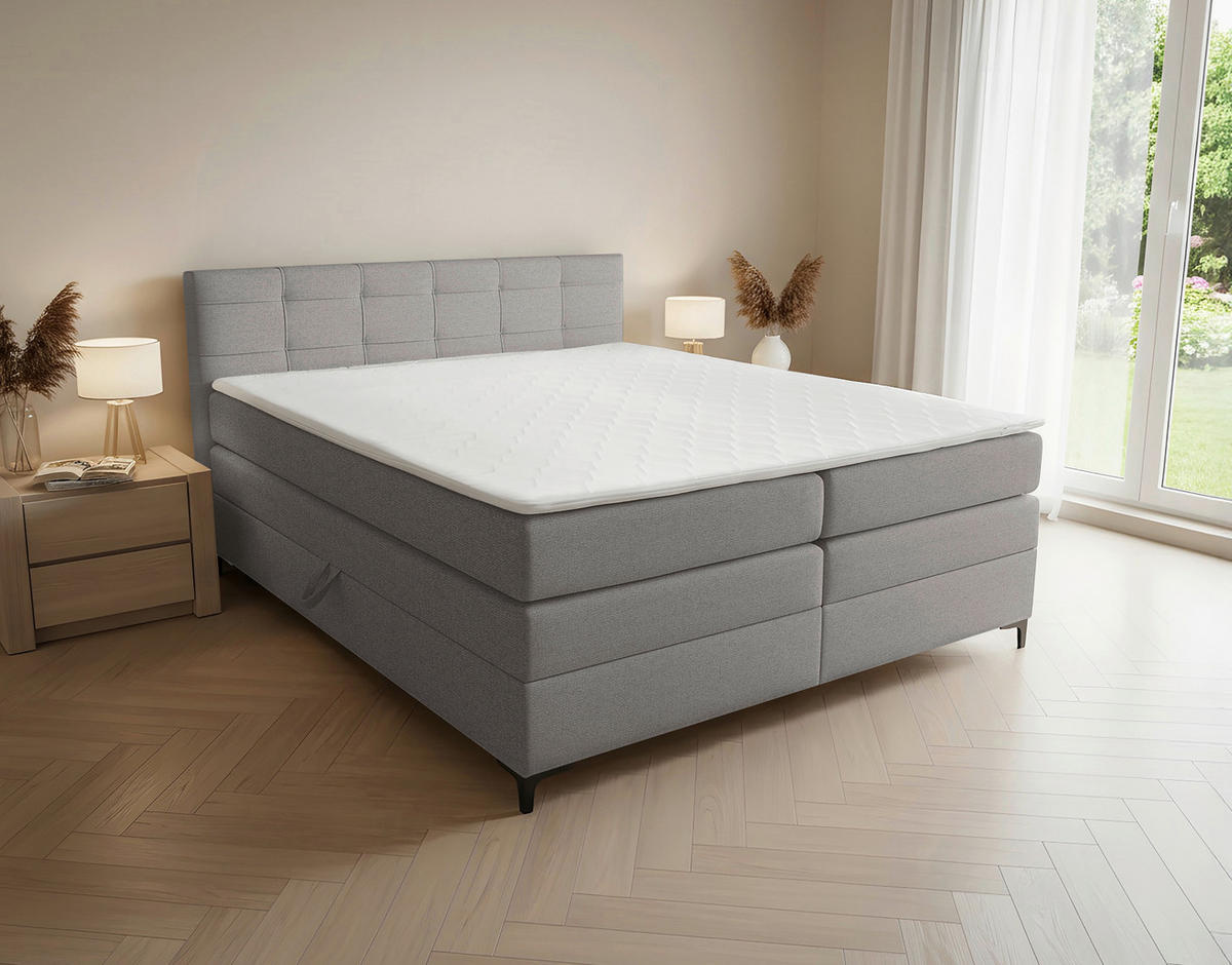 BOXSPRINGBETT 200/200 cm,  in Hellgrau, H3 = fest  - Hellgrau/Schwarz, KONVENTIONELL, Kunststoff/Textil (200/200cm)