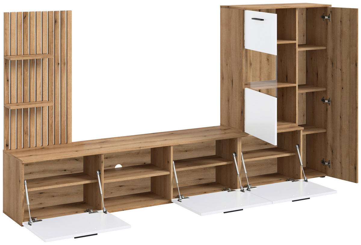 WOHNWAND 4-teilig  in Weiß, Eichefarben  250/135/38 cm  - Eichefarben/Anthrazit, MODERN, Glas/Holzwerkstoff (250/135/38cm) - Boxxx