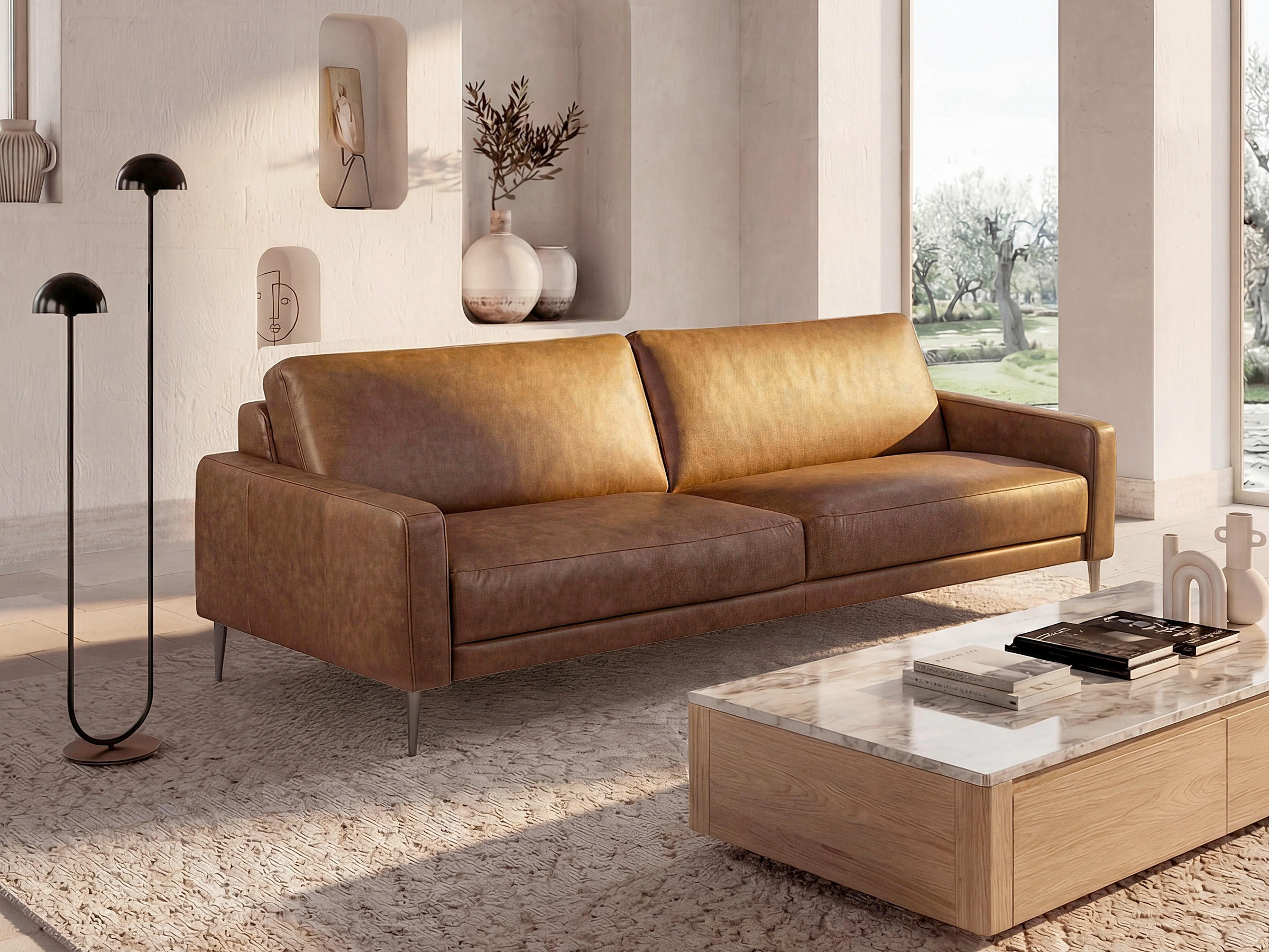 3-SITZER-SOFA SPRING in Lederlook Echtleder Cognac  - Cognac/Schwarzchrom, Design, Leder/Textil (187/85/92cm) - Livetastic