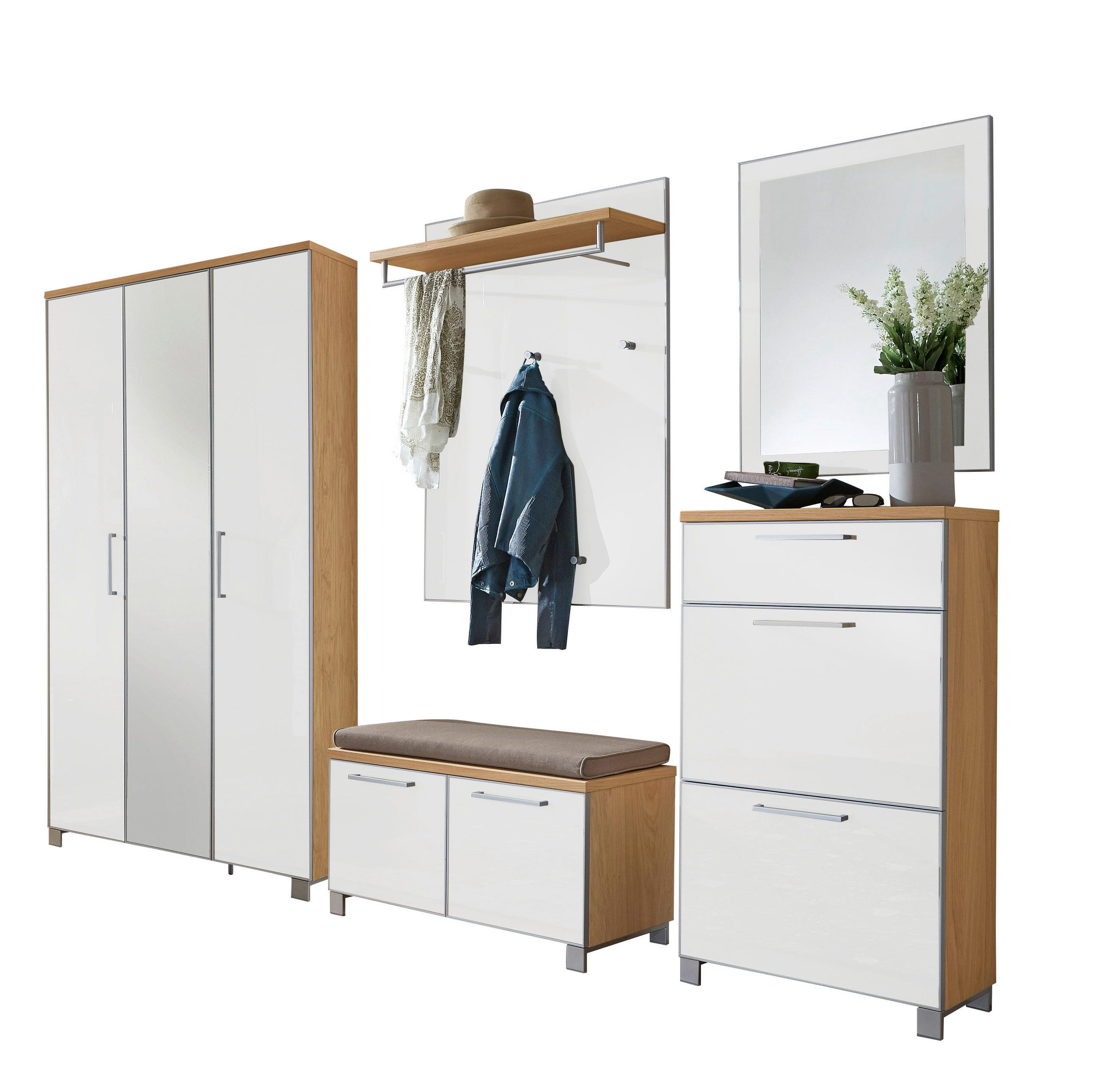 GARDEROBE 6-teilig  in 245/195/40 cm  - Taupe/Eichefarben, Design, Glas/Holz (245/195/40cm)