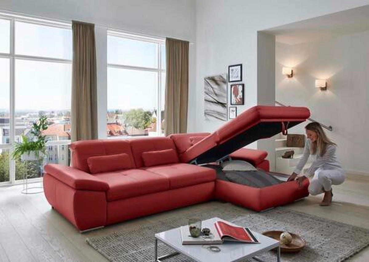 ECKSOFA in Echtleder Rot  - Edelstahlfarben/Rot, Design, Leder/Metall (321/195cm) - Beldomo Speed