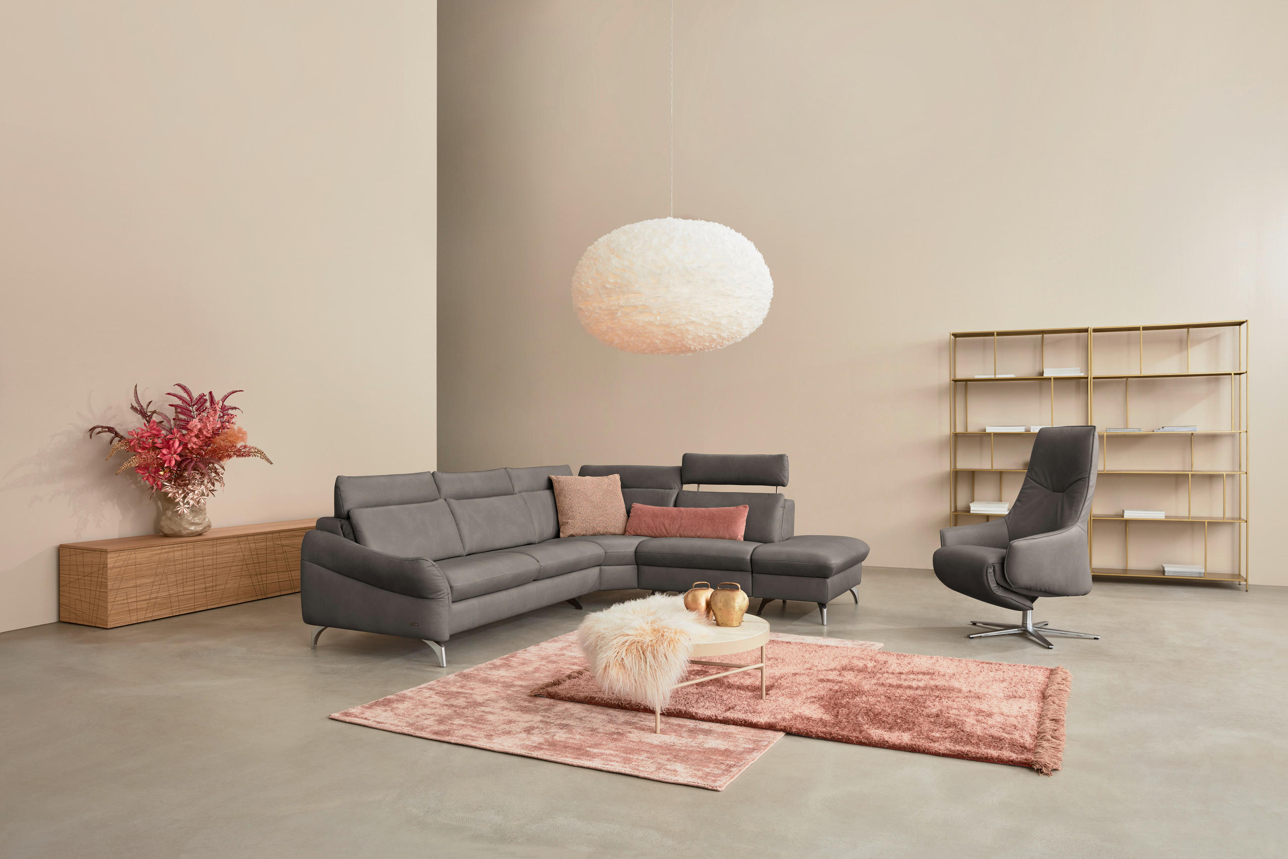 ECKSOFA in Echtleder Graubraun  - Edelstahlfarben/Graubraun, Konventionell, Leder/Metall (296/242cm) - Himolla Komfortklass