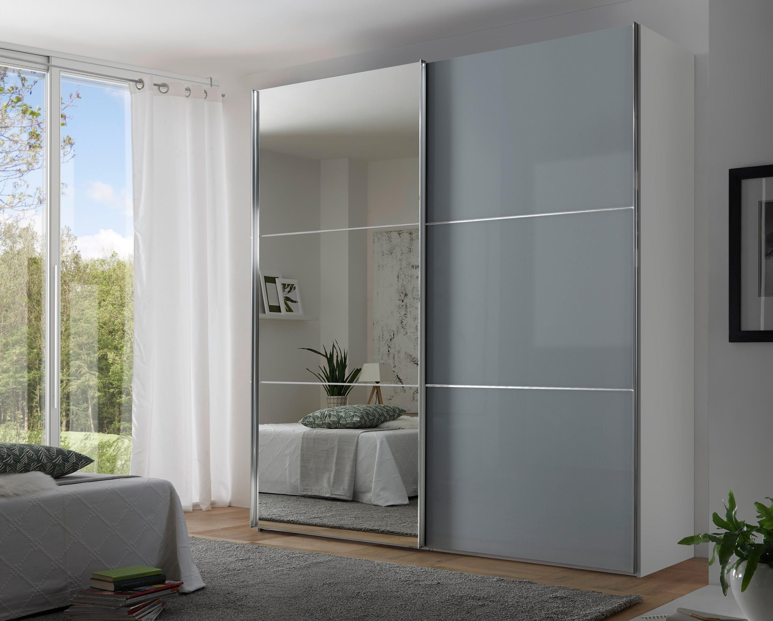 SCHWEBETÜRENSCHRANK 167/222/68 cm 2-türig Weiß, Hellgrau - Chromfarben/Hellgrau, KONVENTIONELL, Glas/Holzwerkstoff (167/222/68cm) - Moderano
