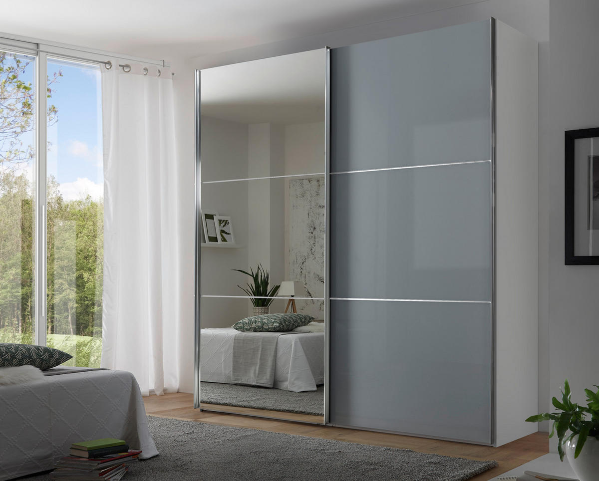 SCHWEBETÜRENSCHRANK 200/222/68 cm 2-türig Weiß, Hellgrau  - Chromfarben/Hellgrau, KONVENTIONELL, Glas/Holzwerkstoff (200/222/68cm) - Moderano