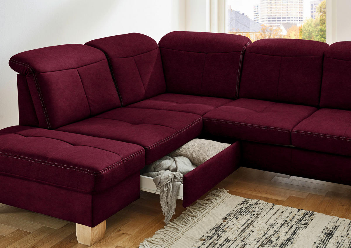 WOHNLANDSCHAFT Bordeaux Mikrofaser  - Wildeiche/Bordeaux, KONVENTIONELL, Holz/Textil (243/343/185cm) - Voleo
