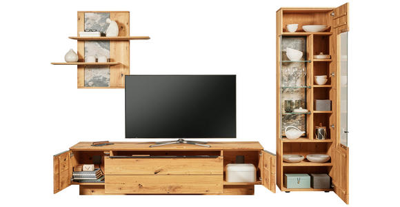 WOHNWAND  in Eichefarben  320/205,7/53,7 cm  - Eichefarben/Schwarz, Natur, Glas/Holz (320/205,7/53,7cm) - Valnatura