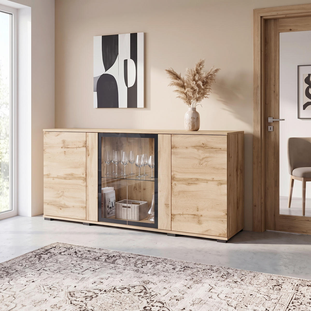 SIDEBOARD Caro 150/69,7/39,5 cm  - Eiche Wotan/Schwarz, Design, Glas/Holzwerkstoff (150/69,7/39,5cm) - P & B