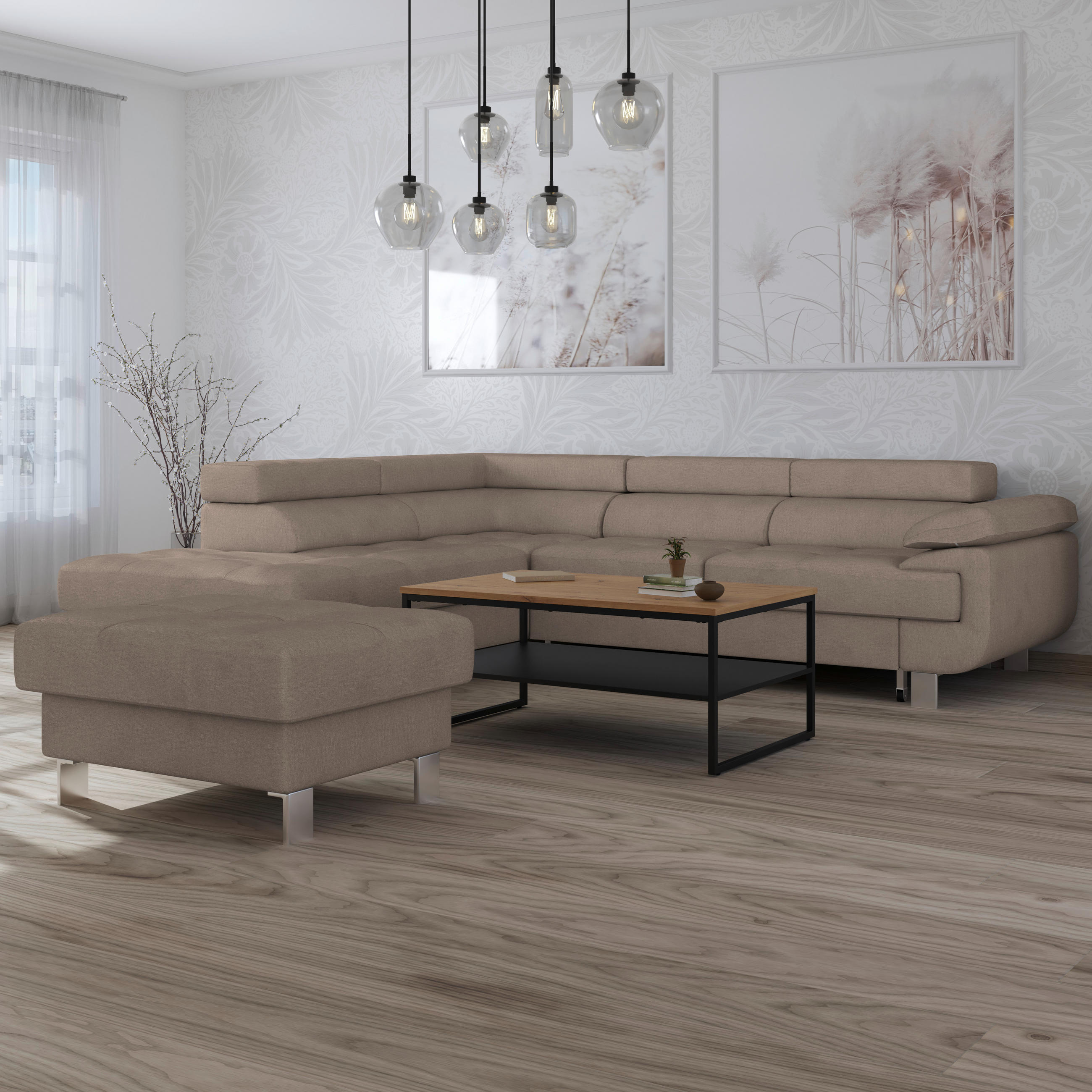 HÖRNSOFFA i dräll taupe  - taupe, Modern, metall/textil (230/270cm) - MID.YOU