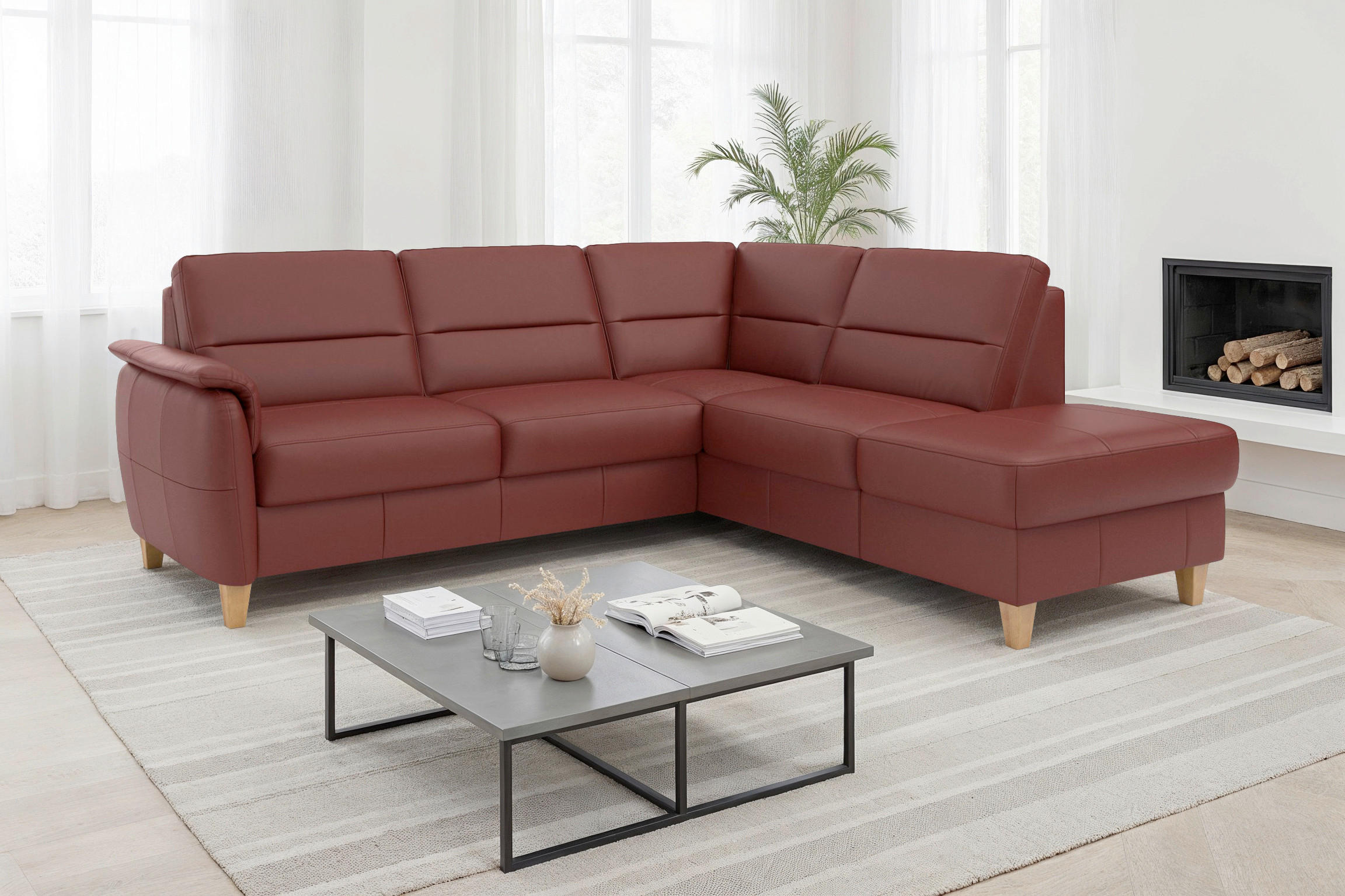 ECKSOFA PALMERA E Rotbraun Kombination Echtleder/Stoff Mikrofaser Stauraum  - Rotbraun/Eichefarben, Basics, Leder/Holz (236/212cm) - Sit & More