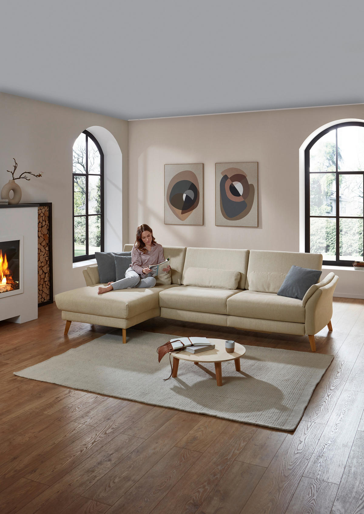 ECKSOFA Beige Chenille, Flachgewebe  - Beige/Naturfarben, Design, Holz/Textil (281/157cm) - Valnatura