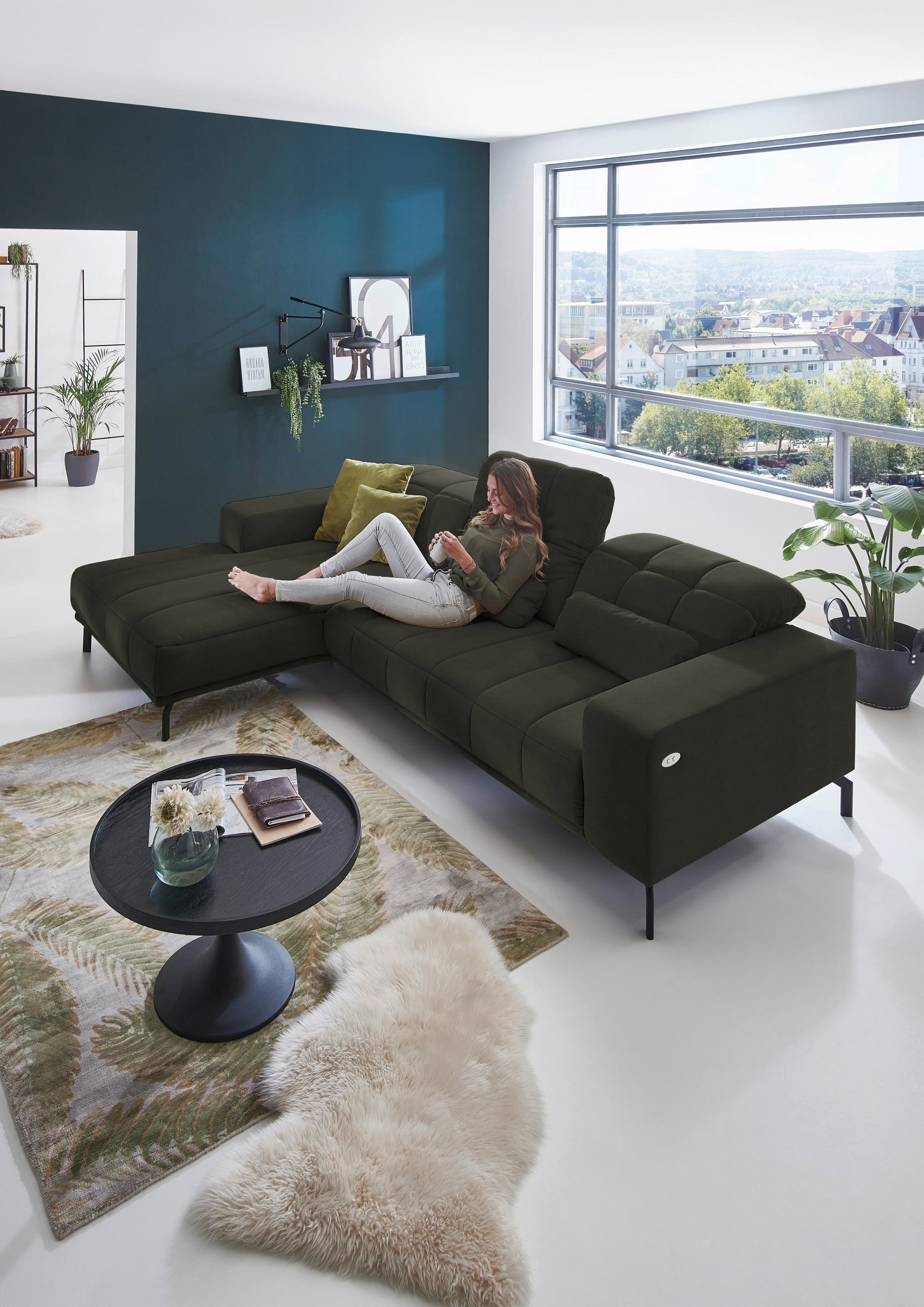ECKSOFA in Velours Olivgrün  - Schwarz/Olivgrün, Design, Textil/Metall (195/293cm) - Beldomo Style