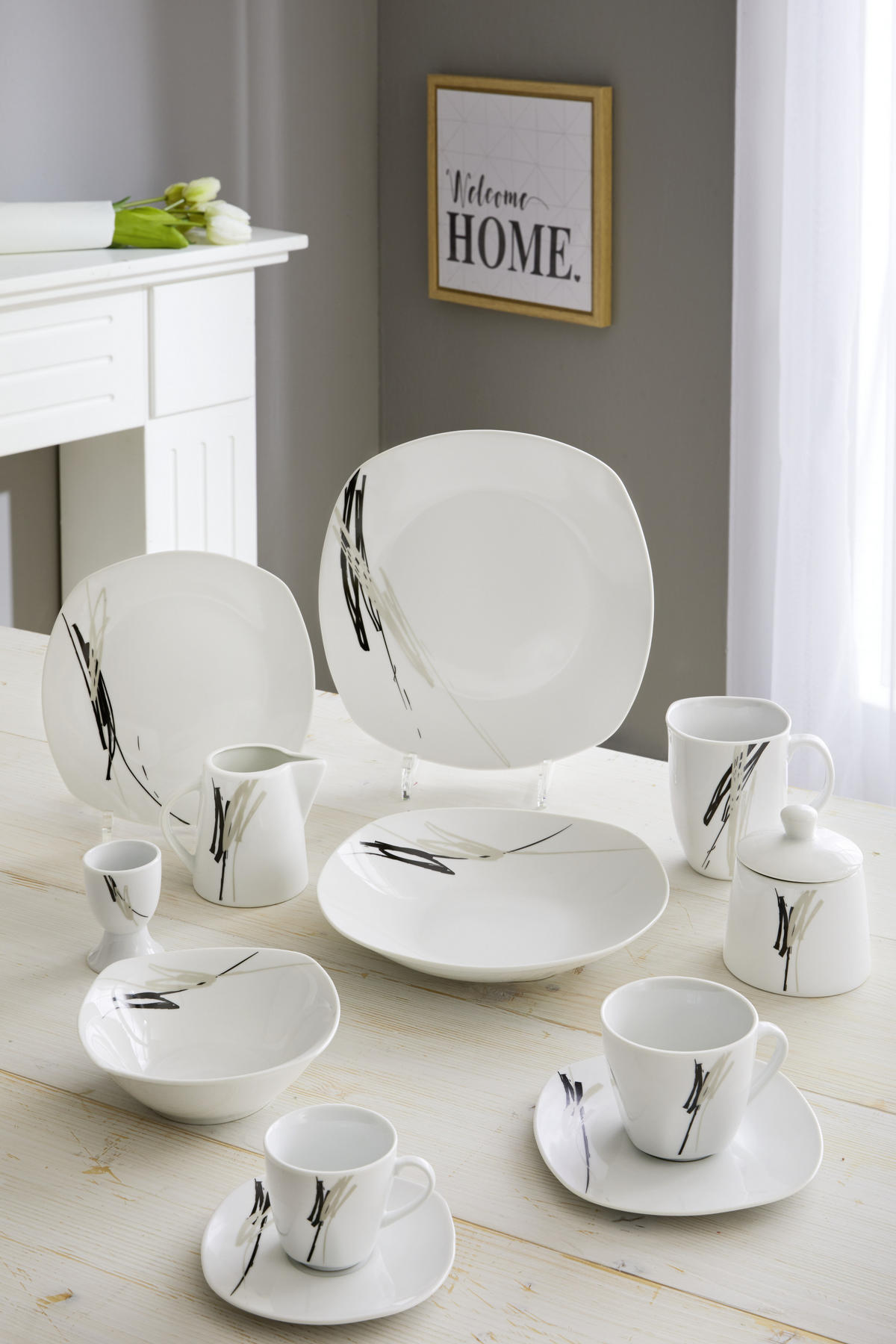 KOMBINOVANÝ SERVIS 62-dielne, porcelán keramika  - čierna/sivá, Design, keramika - Boxxx