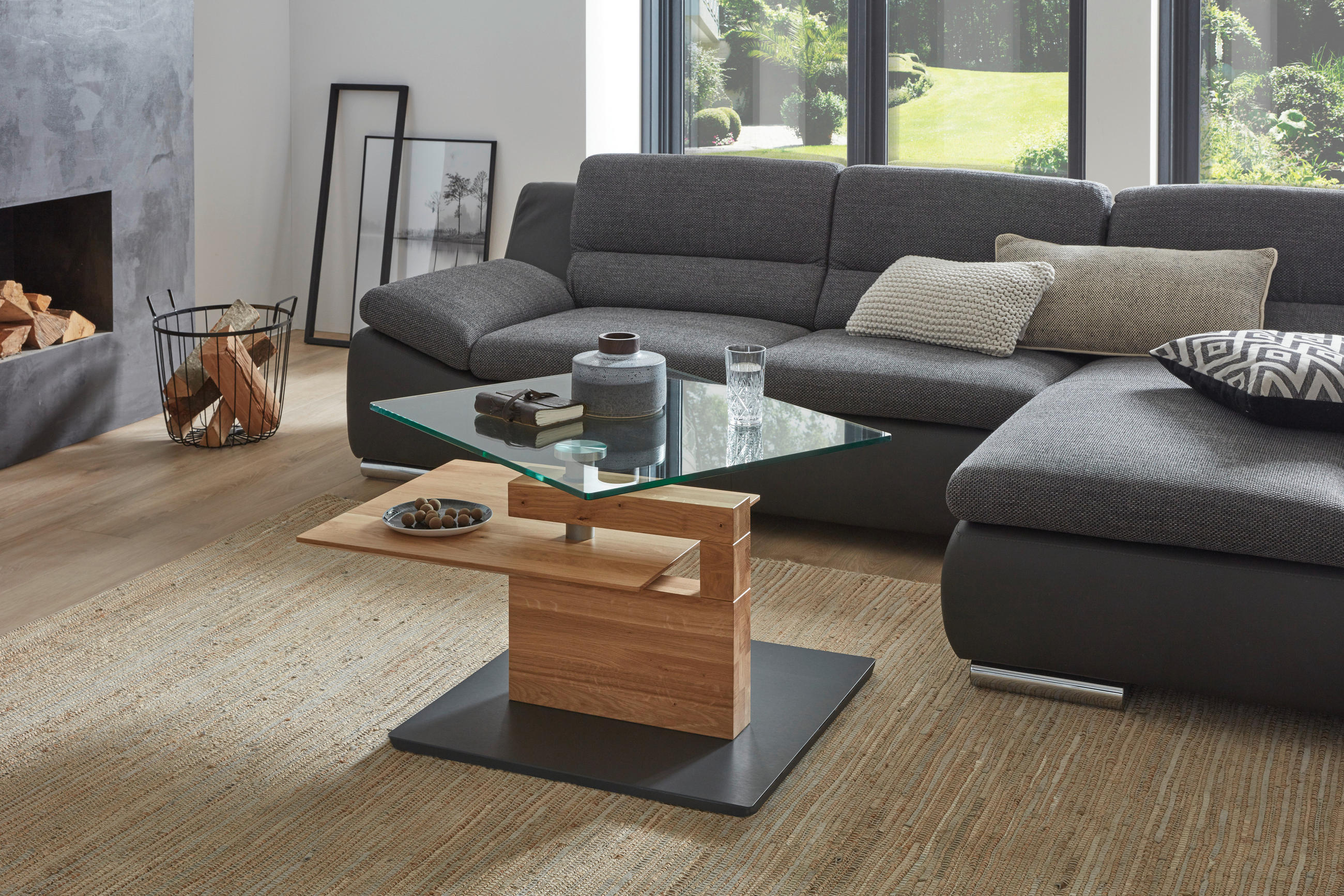COUCHTISCH Wildeiche vollmassiv ESG 90/100/32-46 cm rechteckig Eiche Bianco  - Eiche Bianco/Anthrazit, MODERN, Glas/Holz (90/100/32-46cm) - Venda
