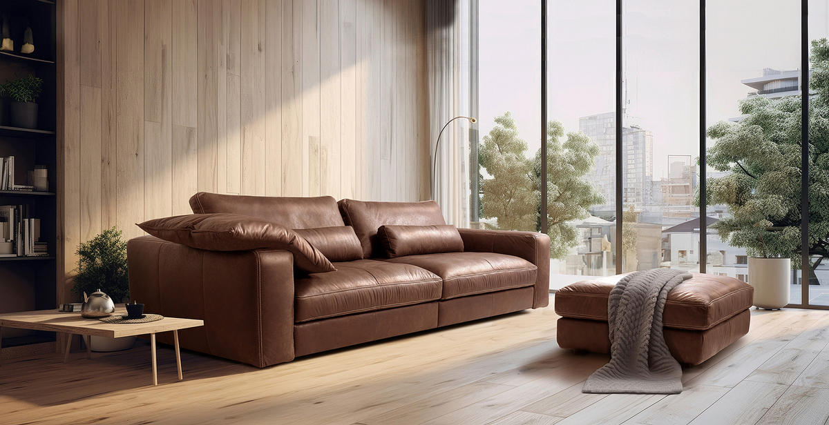 3-SITZER-SOFA  in Echtleder Braun   - Beige/Schwarz, Design, Leder/Kunststoff (300/85/123cm) - Livetastic