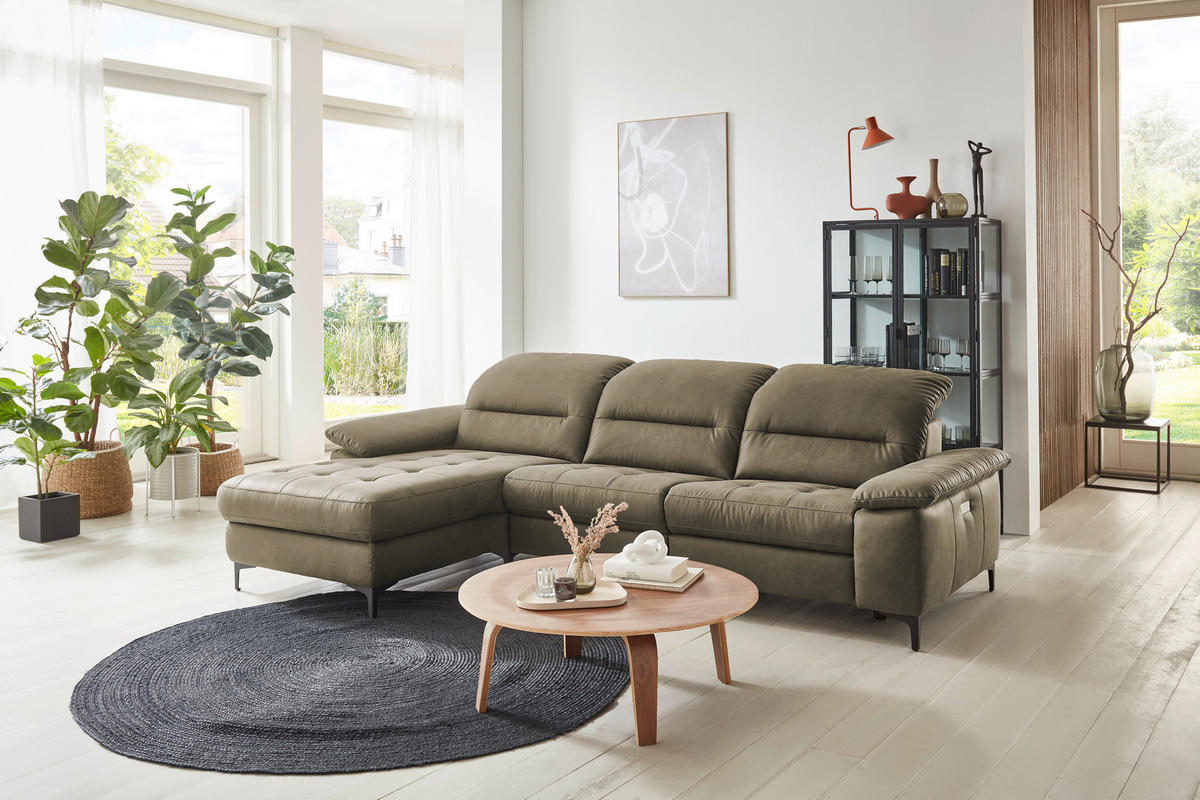 ECKSOFA Olivgrün Mikrofaser Kopfteilverstellung  - Chromfarben/Olivgrün, Design, Textil/Metall (184/280cm) - Pure Home Comfort