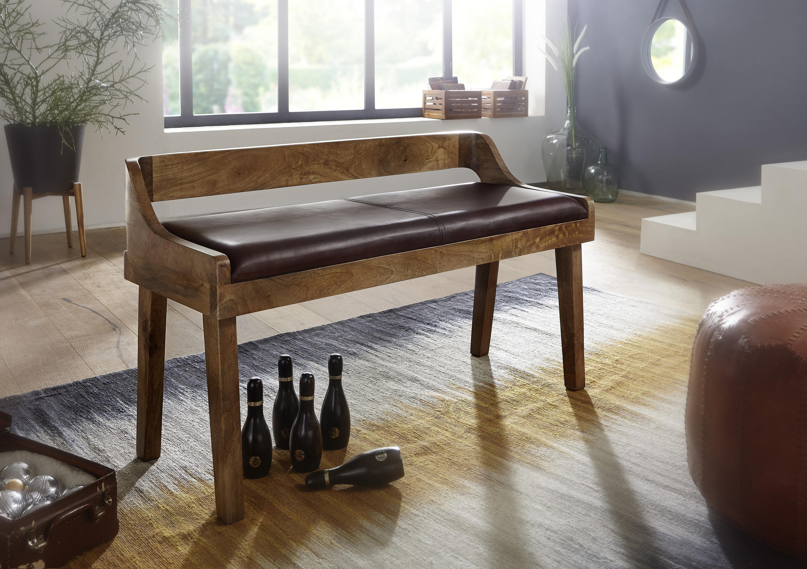 SITZBANK 108/63/43 cm Braun Mangoholz massiv  - Braun/Naturfarben, MODERN, Leder/Holz (108/63/43cm) - MID.YOU